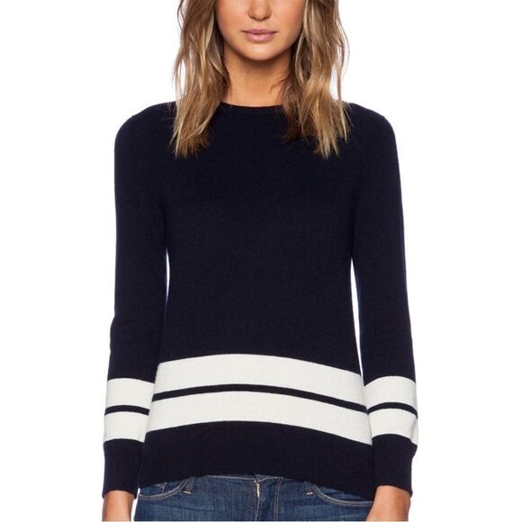 Demylee 100% cashmere navy and white stripe‎ crewneck sweater - Picture 1 of 9